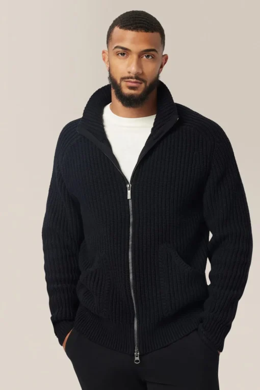 Cheap Good Man Brand Chunky Knit Zip Up Sweater | Organic Cotton Black