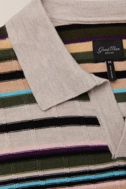 Cheap Good Man Brand Knit Polo Sweater | Merino Wool Oatmeal Multi Stripe