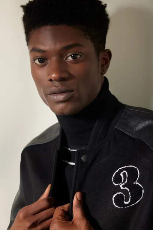 New Good Man Brand Varsity Jacket | Wool Blend & Leather Black